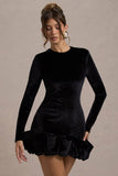 Claudine | Black Velvet Long-Sleeved Ruffled Mini Dress