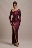 Remarkable | Burgundy Sequin Long-Sleeved Twisted Maxi Dress