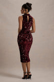 Hypnosis | Berry Sequin Sleeveless High-Neck Midi Dress