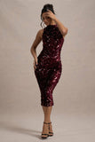 Hypnosis | Berry Sequin Sleeveless High-Neck Midi Dress