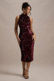 Hypnosis | Berry Sequin Sleeveless High-Neck Midi Dress