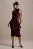 Hypnosis | Berry Sequin Sleeveless High-Neck Midi Dress