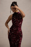 Hypnosis | Berry Sequin Sleeveless High-Neck Midi Dress