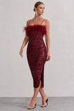 In Your Head | Plum Sequin Strappy Midi Dress With Feathers