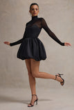 Jupiter | Black Satin High-Neck Mini Dress With Sheer Sleeves