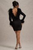 Heiress | Black Long-Sleeve Low Back Mini Dress With Feather Trim