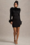 Heiress | Black Long-Sleeve Low Back Mini Dress With Feather Trim