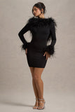 Heiress | Black Long-Sleeve Low Back Mini Dress With Feather Trim