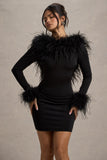 Heiress | Black Long-Sleeve Low Back Mini Dress With Feather Trim