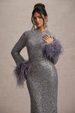 North Star | Silver Sequin Long-Sleeve Midi Dress With Feather Cuffs