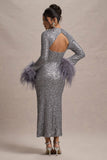 North Star | Silver Sequin Long-Sleeve Midi Dress With Feather Cuffs