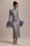 North Star | Silver Sequin Long-Sleeve Midi Dress With Feather Cuffs