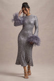 North Star | Silver Sequin Long-Sleeve Midi Dress With Feather Cuffs