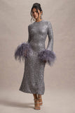 North Star | Silver Sequin Long-Sleeve Midi Dress With Feather Cuffs