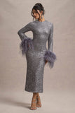 North Star | Silver Sequin Long-Sleeve Midi Dress With Feather Cuffs