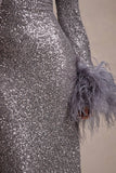 North Star | Silver Sequin Long-Sleeve Midi Dress With Feather Cuffs