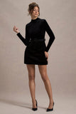 Charm | Black Velvet Turtleneck Long-Sleeve Belted Mini Dress