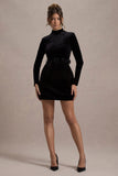 Charm | Black Velvet Turtleneck Long-Sleeve Belted Mini Dress