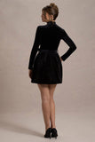 Charm | Black Velvet Turtleneck Long-Sleeve Belted Mini Dress