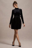 Charm | Black Velvet Turtleneck Long-Sleeve Belted Mini Dress