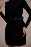 Charm | Black Velvet Turtleneck Long-Sleeve Belted Mini Dress