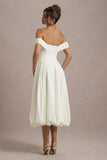 Calliopia | Cream Bow Bardot Midi Dress With Puff-Ball Skirt