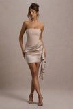 Sweet Talk | Nude Satin Bandeau Mini Dress With Drape Skirt