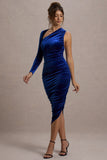 Northern Light | Cobalt Blue Velvet Asymmetric One-Sleeved Midi Dress