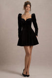 Shirley | Black Velvet Sweetheart Puff-Sleeve Mini Dress