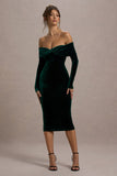 Compliment | Bottle Green Velvet Bardot Midi Dress