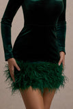 Tamsin | Bottle Green Velvet Long-Sleeved Feather Mini Dress