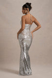 Polaris | Silver Sequin Halter-Neck Cut-Out Split Maxi Dress