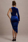 Northern Light | Cobalt Blue Velvet Asymmetric One-Sleeved Midi Dress