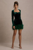 Tamsin | Bottle Green Velvet Long-Sleeved Feather Mini Dress