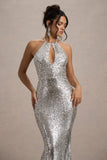 Polaris | Silver Sequin Halter-Neck Cut-Out Split Maxi Dress