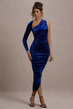 Northern Light | Cobalt Blue Velvet Asymmetric One-Sleeved Midi Dress