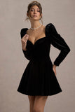 Shirley | Black Velvet Sweetheart Puff-Sleeve Mini Dress