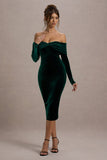 Compliment | Bottle Green Velvet Bardot Midi Dress