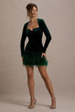 Tamsin | Bottle Green Velvet Long-Sleeved Feather Mini Dress