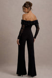 Celebrate | Black Bardot Long-Sleeved Flared-Leg Jumpsuit With Flowers