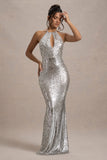 Polaris | Silver Sequin Halter-Neck Cut-Out Split Maxi Dress