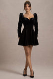 Shirley | Black Velvet Sweetheart Puff-Sleeve Mini Dress