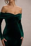 Compliment | Bottle Green Velvet Bardot Midi Dress