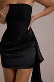 Sweet Talk | Black Satin Bandeau Mini Dress With Drape Skirt