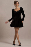 Shirley | Black Velvet Sweetheart Puff-Sleeve Mini Dress