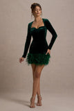 Tamsin | Bottle Green Velvet Long-Sleeved Feather Mini Dress