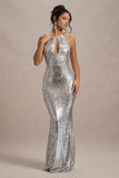 Polaris | Silver Sequin Halter-Neck Cut-Out Split Maxi Dress