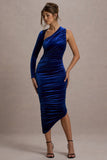 Northern Light | Cobalt Blue Velvet Asymmetric One-Sleeved Midi Dress