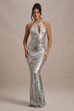 Polaris | Silver Sequin Halter-Neck Cut-Out Split Maxi Dress