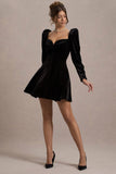 Shirley | Black Velvet Sweetheart Puff-Sleeve Mini Dress